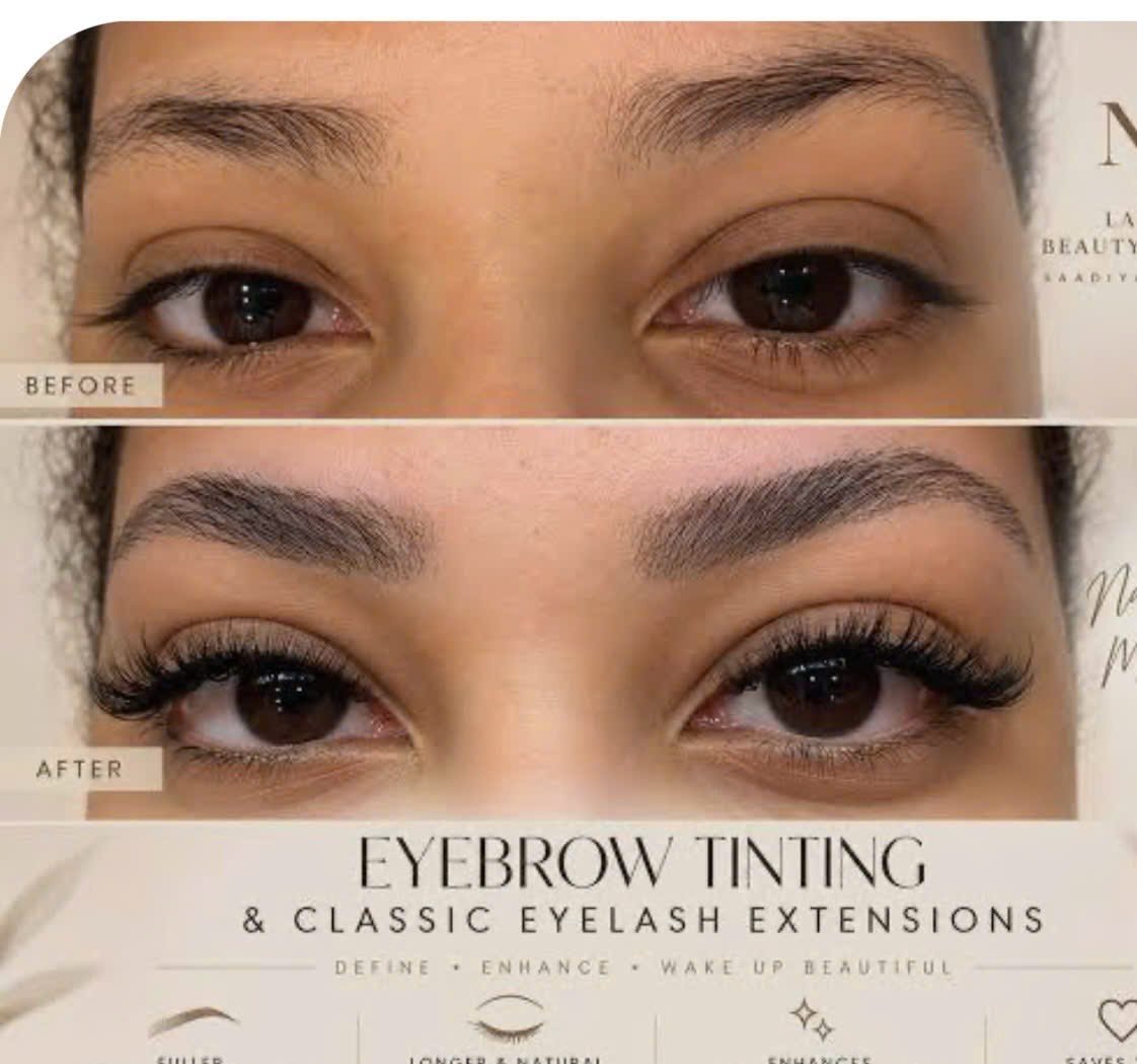 Before and after image showing brows and eyelashes