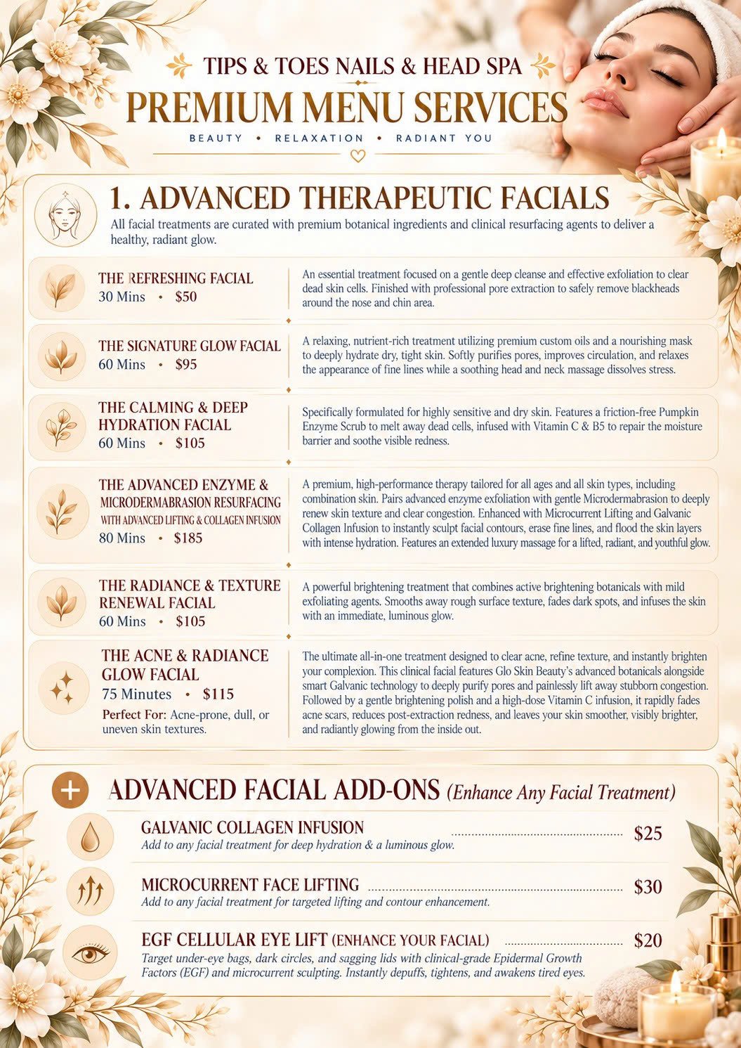 Tips & Toes Nails & Head Spa premium menu: facial services and facial add-ons