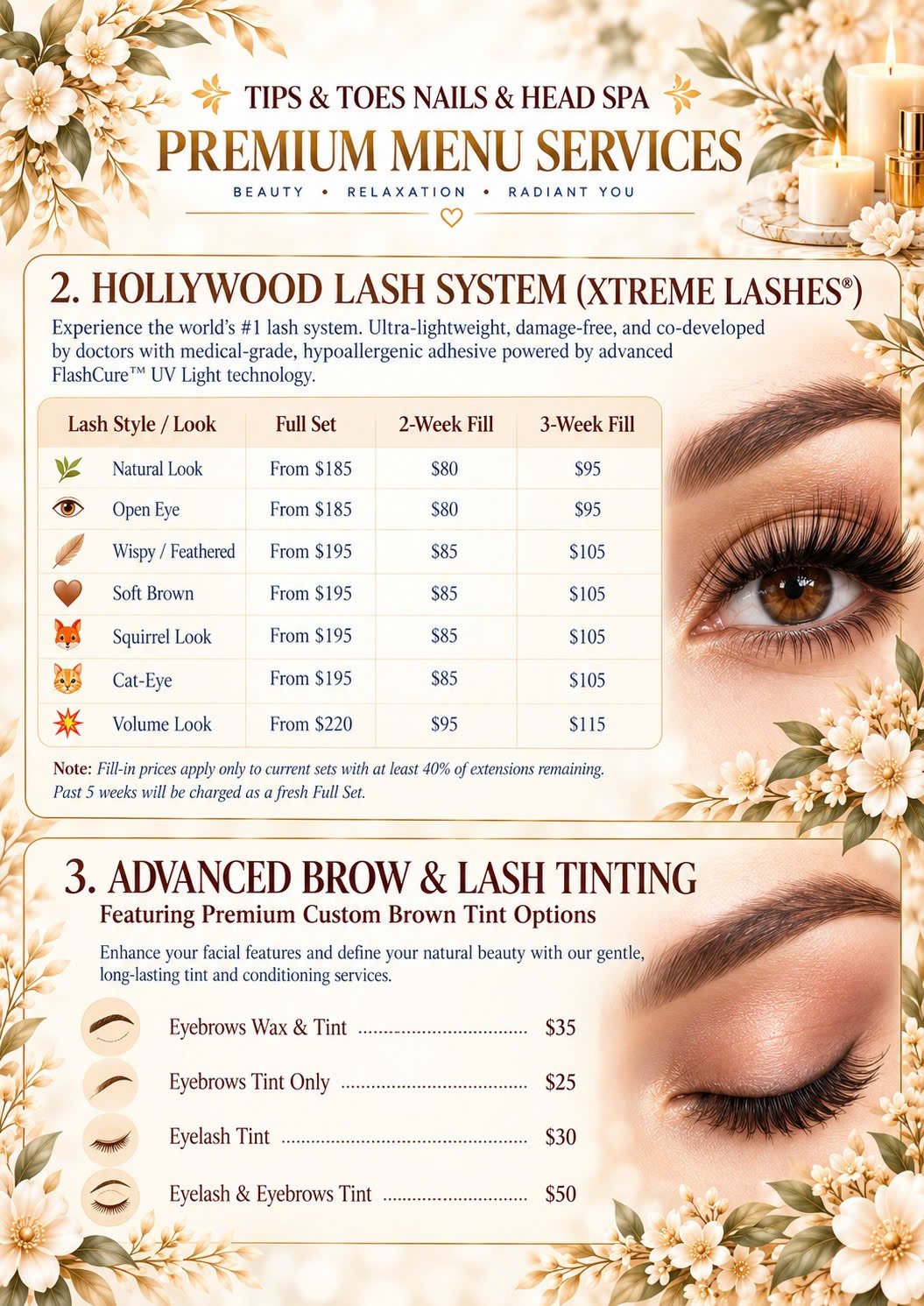 Tips & Toes Nails & Head Spa premium menu: Hollywood lash system and brow and lash tinting