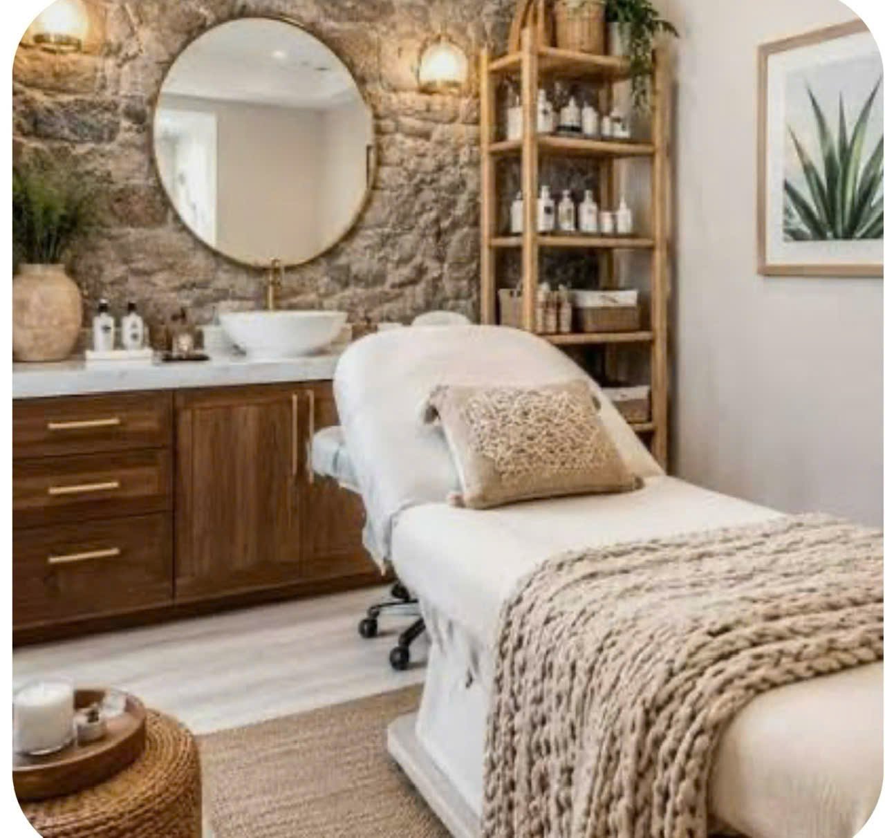 Warm spa treatment room with a treatment bed